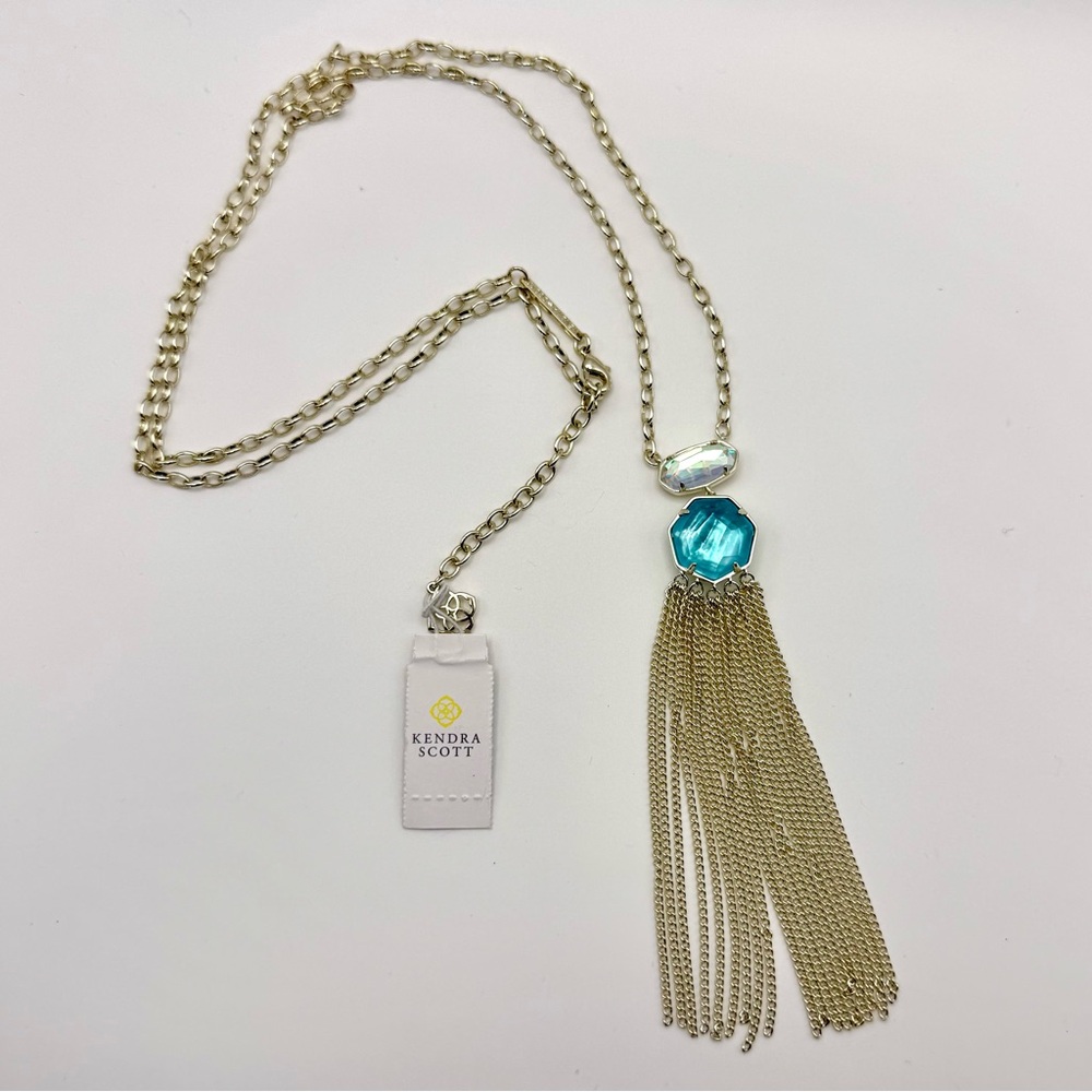 Kendra Scott-TAE Long Pendant Necklace-Gold-Fringe-Dichroic Gem-Blue-NWT